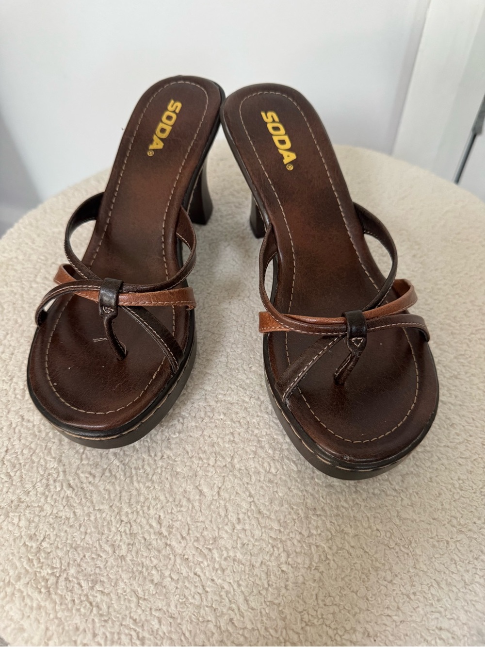 Soda Brown Leatherette Thong Mules with Low Block Heel